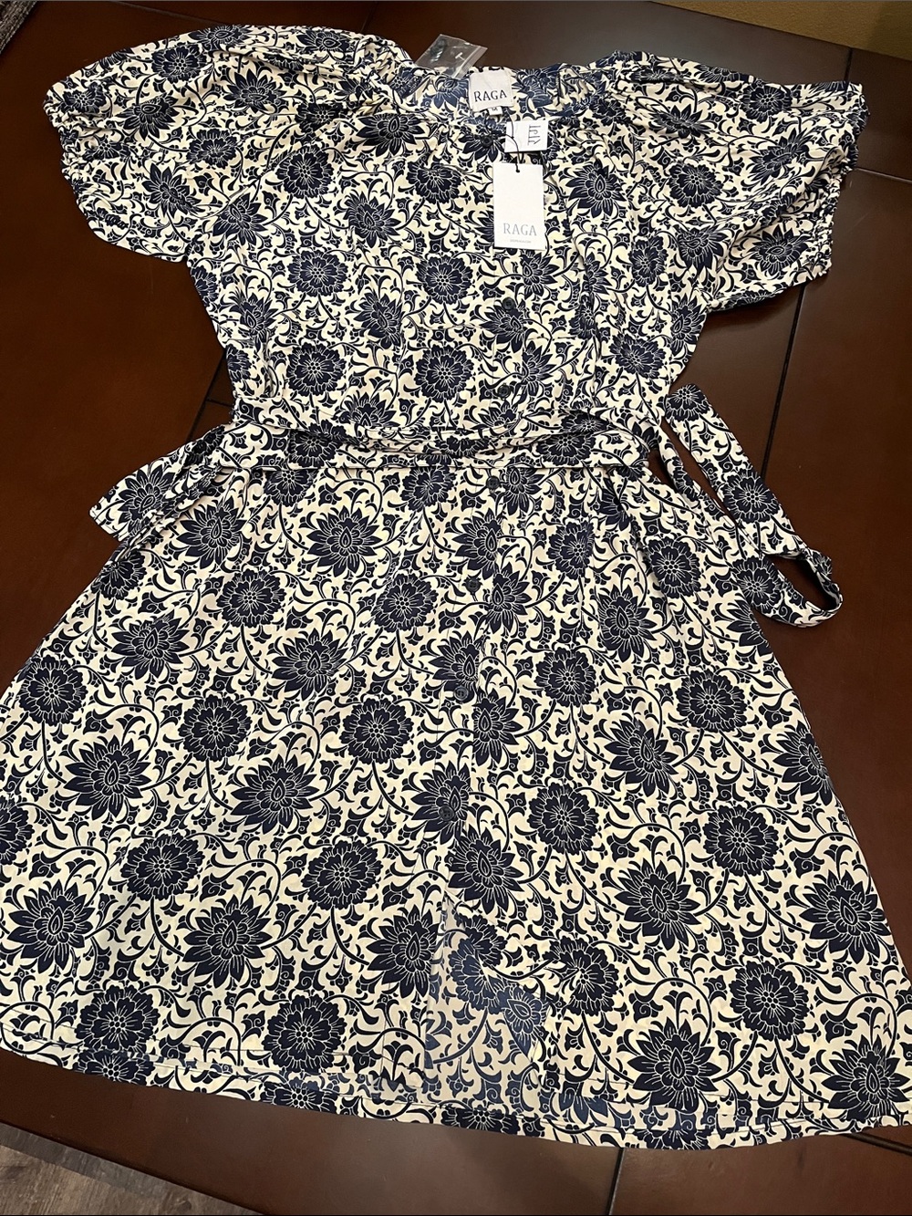 RAGA Navy and Cream Floral Tie-Waist Dress slinky and soft lightweight